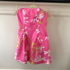 Lilly Pulitzer Pink Strapless Sunflower Blossom Dress Pockets Sz 0